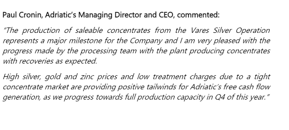 Adriatic Metals Achieves Major Milestone with First Concentrate Sales and Announces Equity Raise