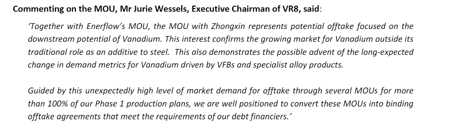 VR8 Secures Offtake Agreements for Over 100% of Phase 1 Vanadium Production
