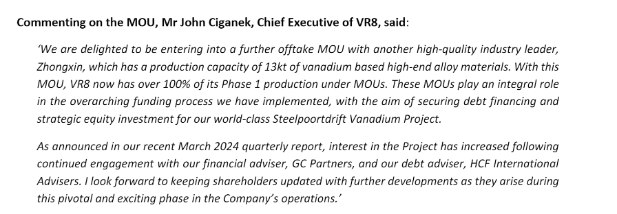 VR8 Secures Offtake Agreements for Over 100% of Phase 1 Vanadium Production
